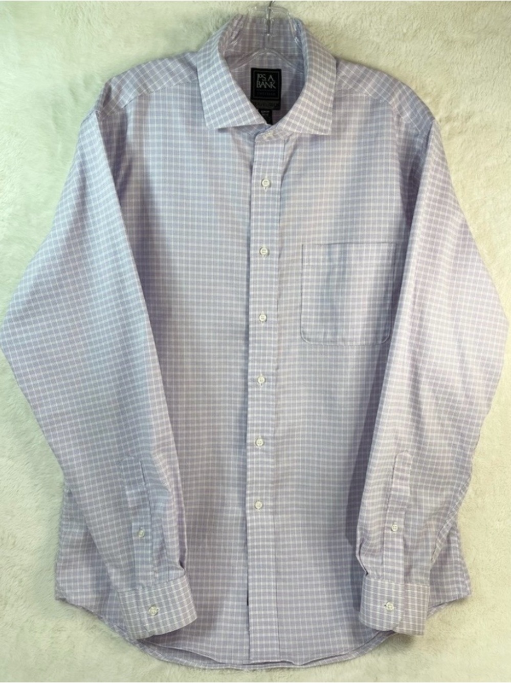 Jos A Bank Traveler Tech Slim Fit Dress Shirt Men 16.5 35 Lavender Plaid Stretch